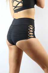 Matte Black Criss Cross Mid Waist Booty Shorts