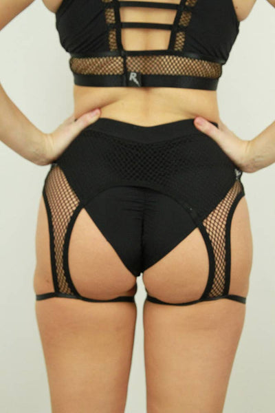 Felix Mid Waist Open Mesh Garter Short - Black