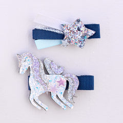 90808 Boutique Navy Unicorn Star Hair Clip