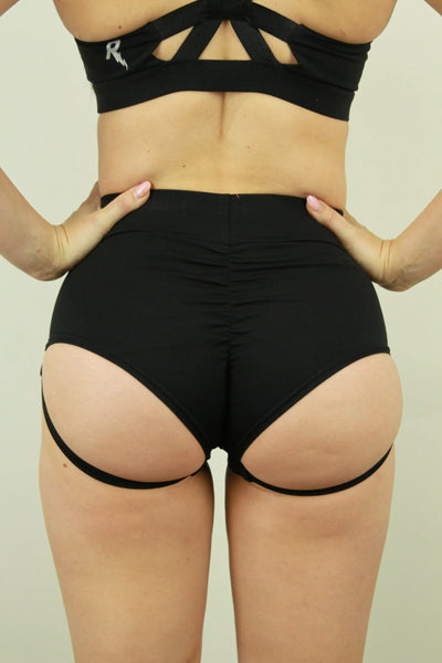 Matte Black Garter Mid Waisted Brazil Scrunchie Bum