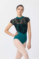 31589 High Neck Printed Mesh Cap Sleeve Leotard