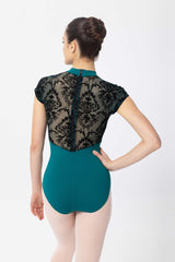 31589 High Neck Printed Mesh Cap Sleeve Leotard